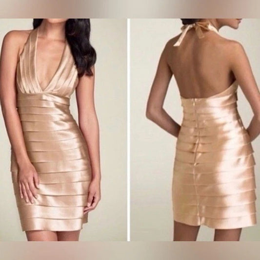 NMT GOLD LAYERED RUFFLE HALTER COCKTAIL DRESS
