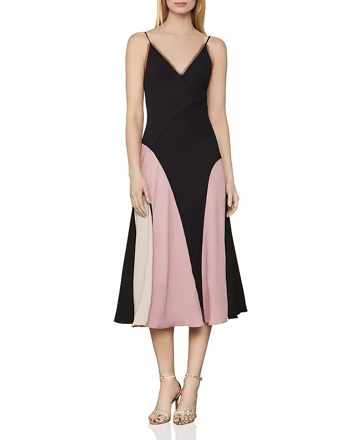 BCBGMAXAZRIA SATIN COLORBLOCK MIDI DRESS