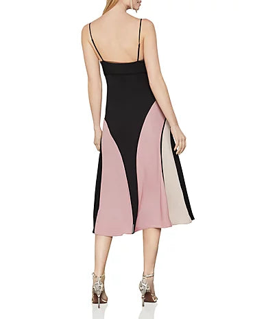 BCBGMAXAZRIA SATIN COLORBLOCK MIDI DRESS