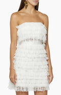 BCBGMAXAZRIA STRAPLESS FRINGED LACE CORSET WAIST MINI DRESS