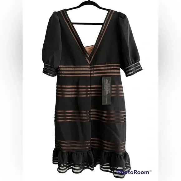 BCBG Black Sheer Stripes Puff Sleeves Mini Coacktail Dress