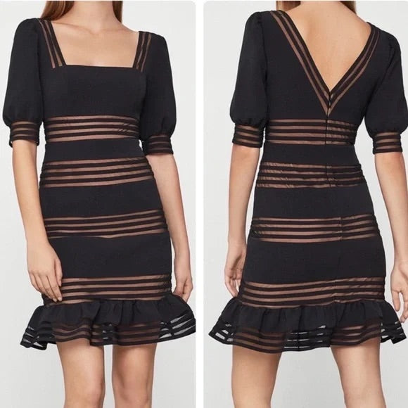 BCBG Black Sheer Stripes Puff Sleeves Mini Coacktail Dress