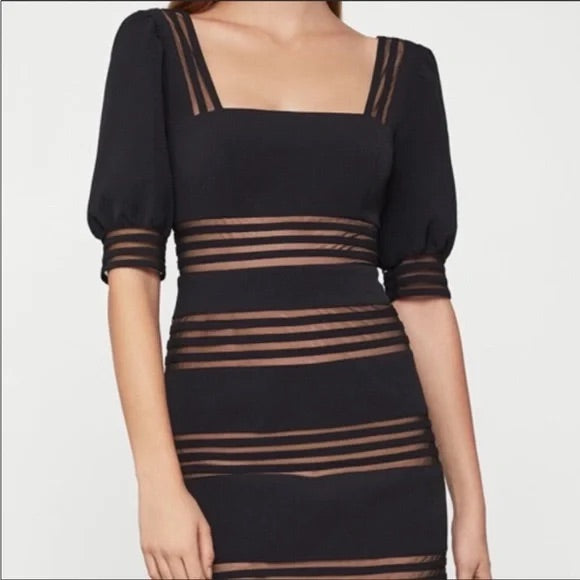 BCBG Black Sheer Stripes Puff Sleeves Mini Coacktail Dress