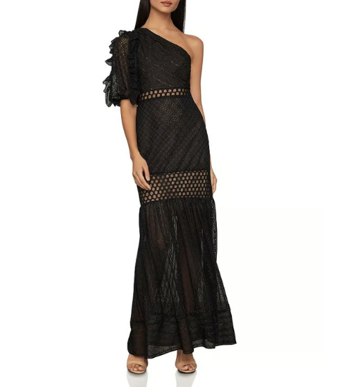 BCBG Honeycomb Tulle One-shoulder Dress In Black