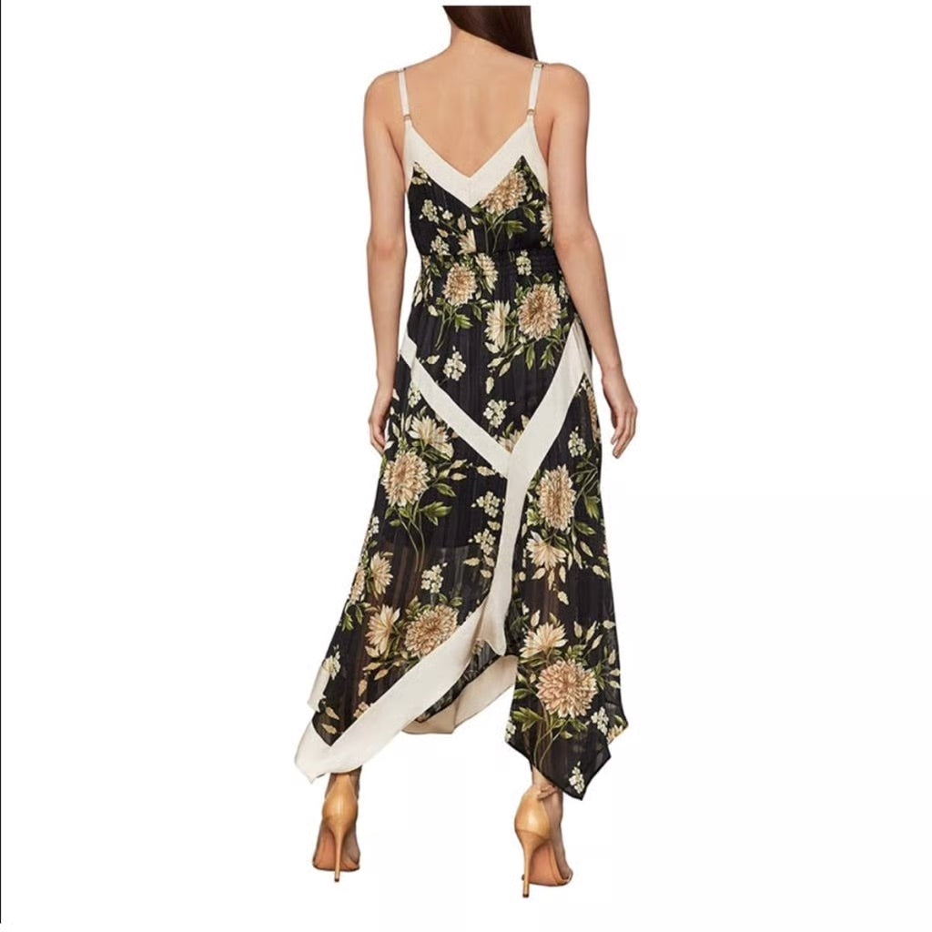 BCBG Black Garden Floral High Handkercheif Cut Sundress With Off-White Silk Accents
