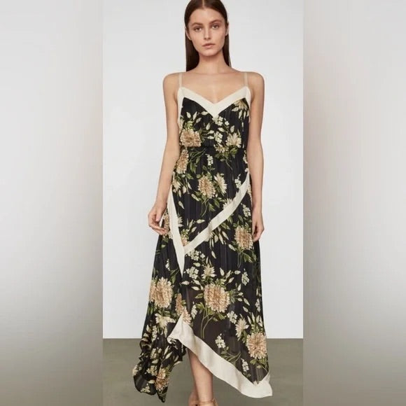 BCBG Black Garden Floral High Handkercheif Cut Sundress With Off-White Silk Accents