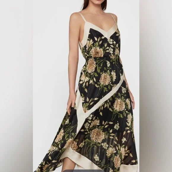 BCBG Black Garden Floral High Handkercheif Cut Sundress With Off-White Silk Accents