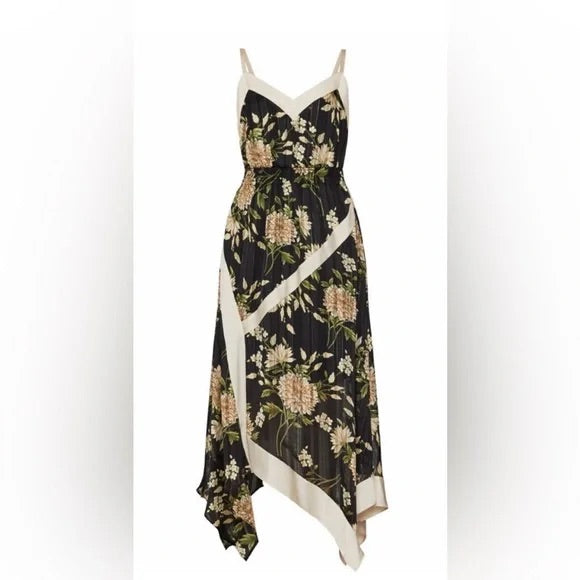 BCBG Black Garden Floral High Handkercheif Cut Sundress With Off-White Silk Accents