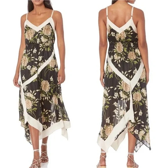 BCBG Black Garden Floral High Handkercheif Cut Sundress With Off-White Silk Accents