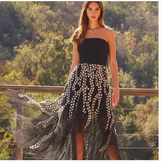 BCBG Floral Embroidered Strapless High/Low Gown