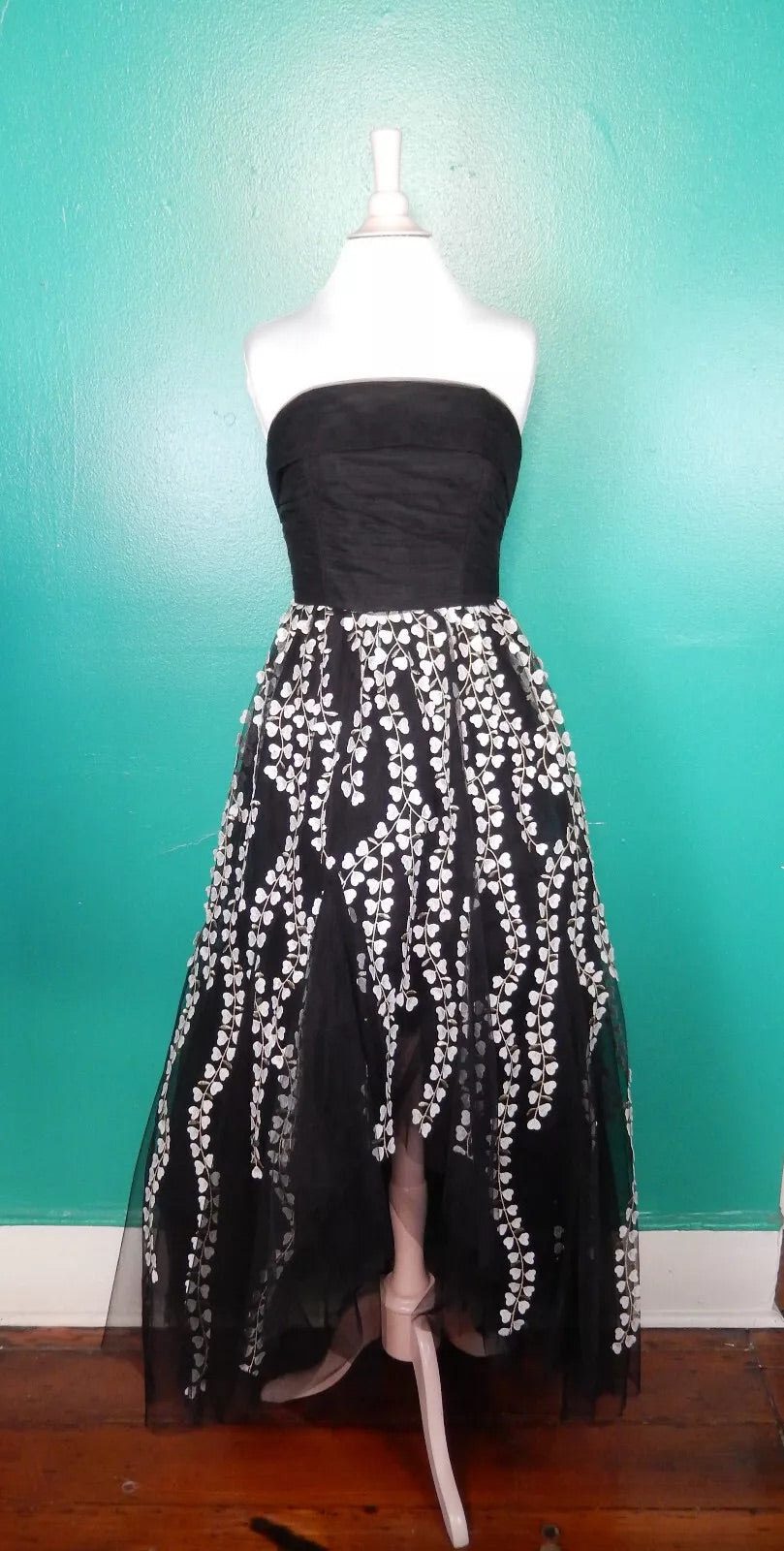 BCBG Floral Embroidered Strapless High/Low Gown