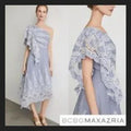 BCBGMAXAZRIA One-shoulder Embroidered Stripe Midi Dress In Blue White Combo
