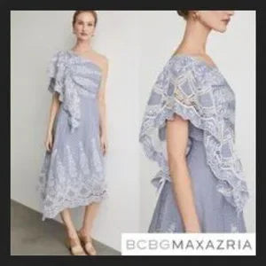 BCBGMAXAZRIA One-shoulder Embroidered Stripe Midi Dress In Blue White Combo