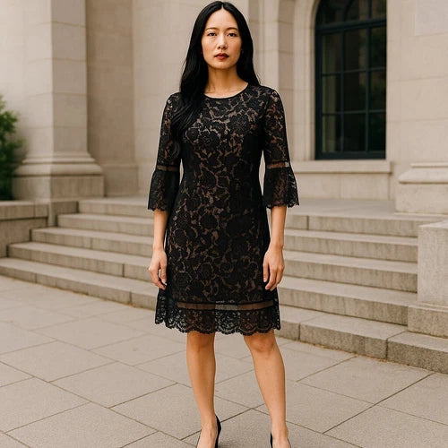 NWT Black Beige Lined Bell Sleeve Dress