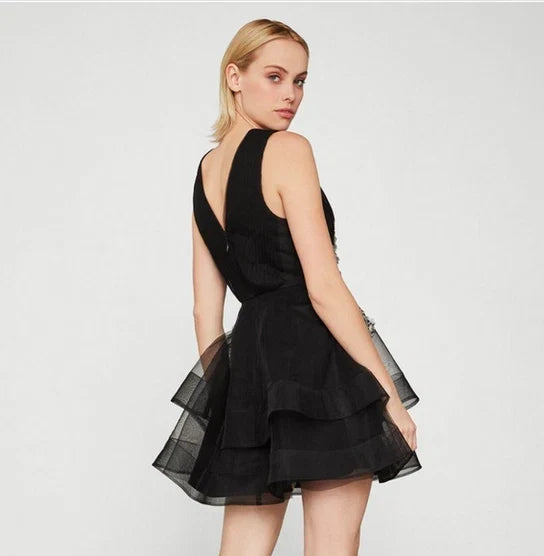 Black Tulle Party Floral Embroidered Mini Cocktail Dress