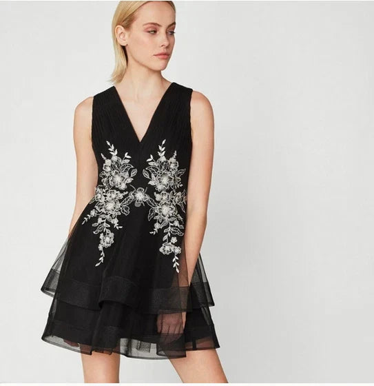 Black Tulle Party Floral Embroidered Mini Cocktail Dress