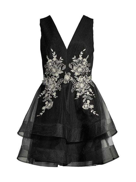 Black Tulle Party Floral Embroidered Mini Cocktail Dress